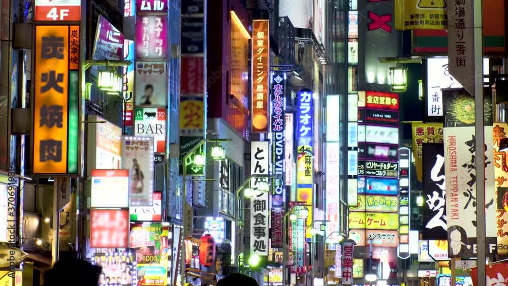 SHINJUKU, TOKYO, JAPAN : View of street and sign (billboard and neon) at Kabukicho downtown area at night. All the logo are blurred or overwritten for this video. Japanese nightlife concept shot.