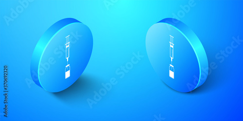 Isometric Medical syringe with needle and vial or ampoule icon isolated on blue background. Vaccination, injection, vaccine, insulin concept. Blue circle button. Vector.