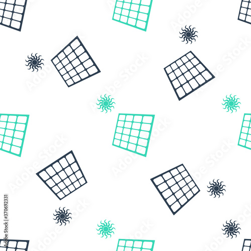 Green Solar energy panel and sun icon isolated seamless pattern on white background. Vector.