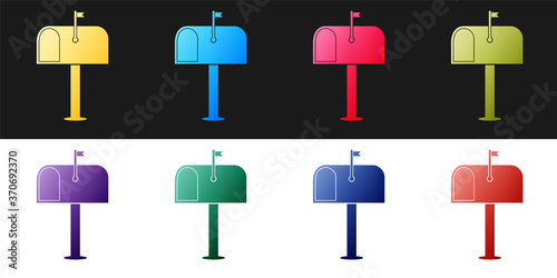 Set Mail box icon isolated on black and white background. Mailbox icon. Mail postbox on pole with flag. Vector.