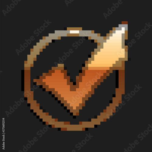 Gold Check mark in round icon isolated on black background. Check list button sign. Long shadow style. Vector.