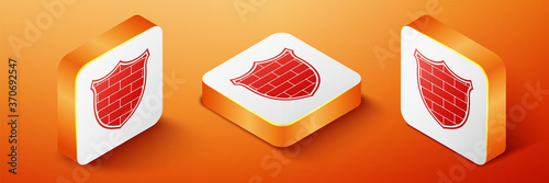 Isometric Shield with cyber security brick wall icon isolated on orange background. Data protection symbol. Firewall logo. Network protection. Orange square button. Vector.