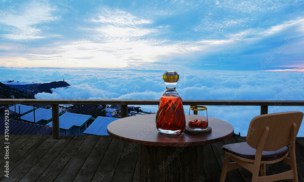 Whiskey or brandy in a clear bottle with a spiral design and a clear glass placed on a wooden table or tree bark. Landscape with a sea of mist on mountain scenery in the morning. 3D Rendering