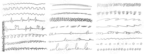 Set of handmade lines, brush lines, underlines. Hand-drawn collection of doodle style various shapes. Art Lines. Isolated on white. Vector illustration