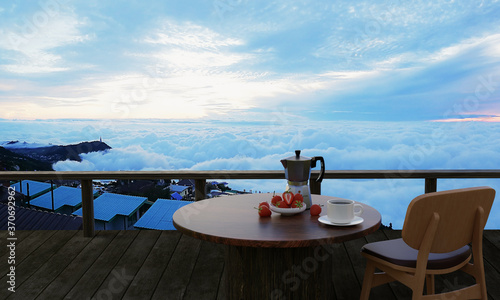 Wooden table and chair set with black coffee with fresh strawberries on the terrace or balcony. Mountain scenery in the morning with sunlight and sea of mist at Phu tub berk, Thailand. 3D rendering