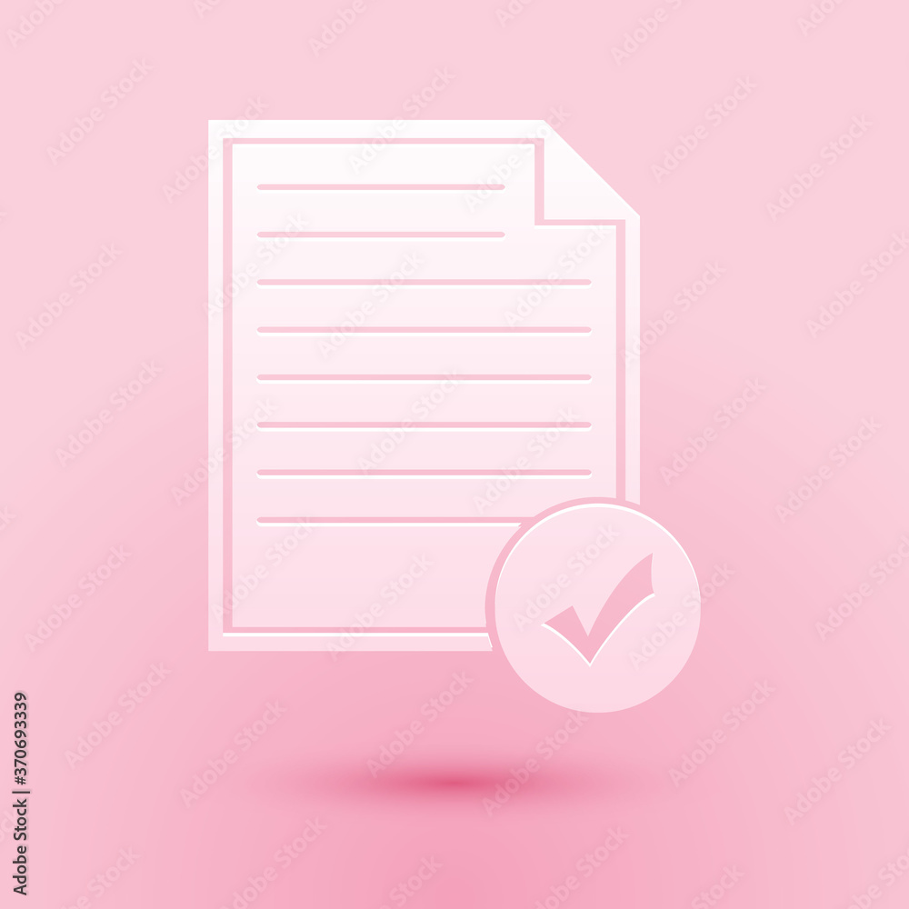 Paper cut Document and check mark icon isolated on pink background. Checklist icon. Business concept. Paper art style. Vector. Paper cut Document and check mark icon isolated on pink background. Checklist icon. Business concept. Paper art style. Vector.