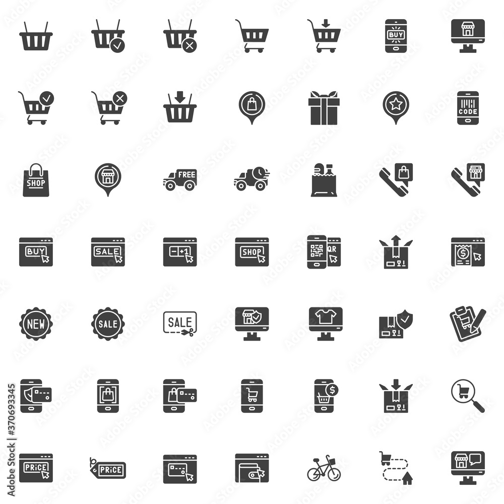 Online shopping e-commerce vector icons set, modern solid symbol collection, filled style pictogram pack. Signs, logo illustration. Set includes icons as parcel delivery service, online payment