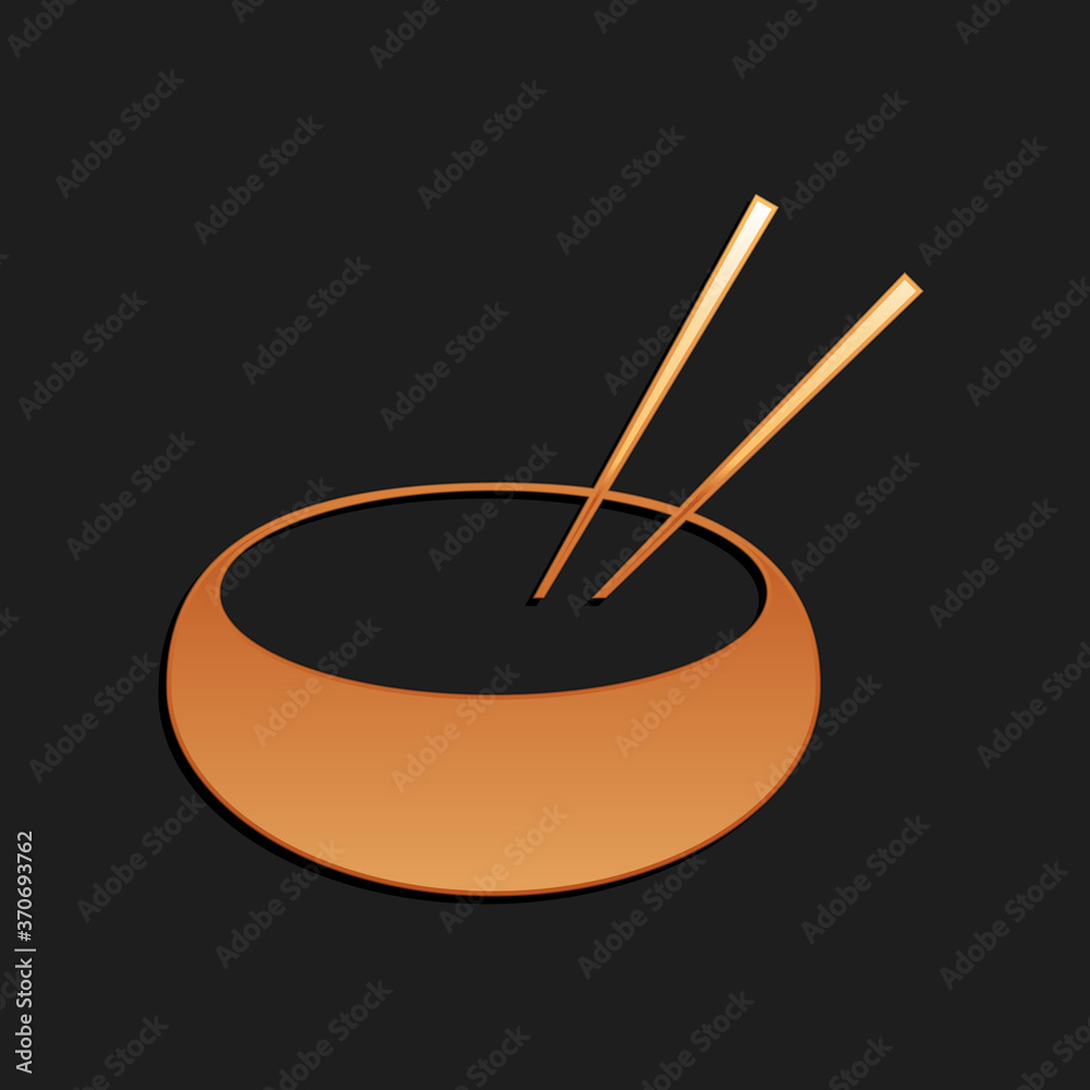 Gold Bowl with asian food and pair of chopsticks silhouette icon isolated on black background. Concept of prepare, eastern diet. Long shadow style. Vector. Gold Bowl with asian food and pair of chopsticks silhouette icon isolated on black background. Concept of prepare, eastern diet. Long shadow style. Vector.