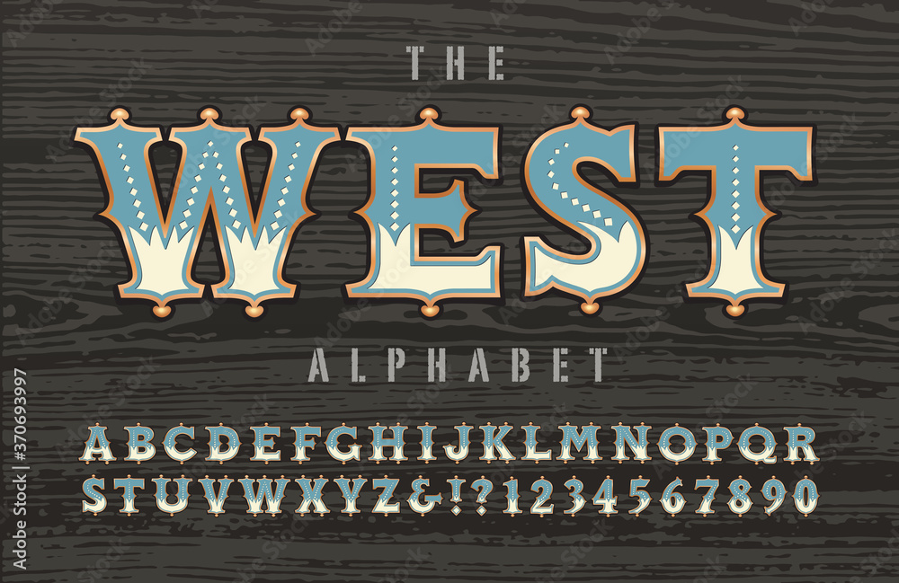 A Western, Old West Frontier, Cowboy, or Circus Americana Alphabet; This Font has Ornate Outlines with Copper Effects and Inner Two-Toned Detailing. Good for Circus Carnival Graphics, Signage, etc. - obrazy, fototapety, plakaty 