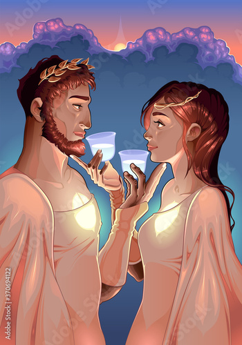 The Two of Cups in the Tarot indicates a meeting between two souls who share the cup of love.
Vector illustration.