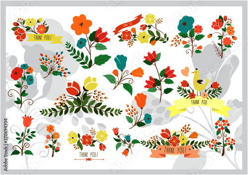 Large Botanical set of floral elements. Wreath illustration made of flowers and herbs. Vector decorative strawberry and leaf. Floral doodles wreath. Vector design.