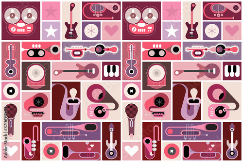 Music instruments collage, pop-art vector illustration. Musical poster design with many different elements. Can be used as seamless background.
