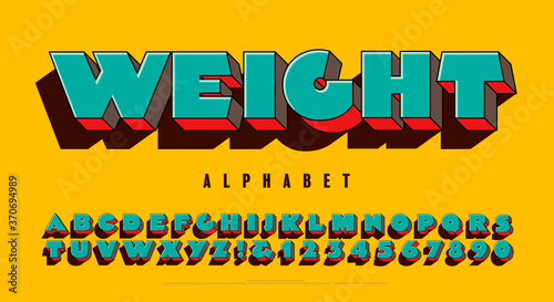 Extra Heavy 3d Alphabet Design in Bright Colors. Weight Font is a Super Extra Bold Capitals Lettering Style with a Fun Pop Art Vibe and a Vivid Vintage Color Scheme.