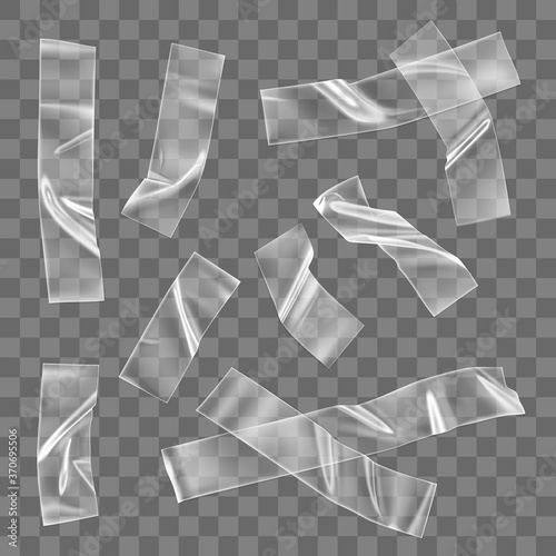 Transparent adhesive plastic tape pieces and cross for fixing isolated on transparent background. Crumpled glue plastic sticky tape for photo and paper fixture. 3d realistic wrinkled strips vector