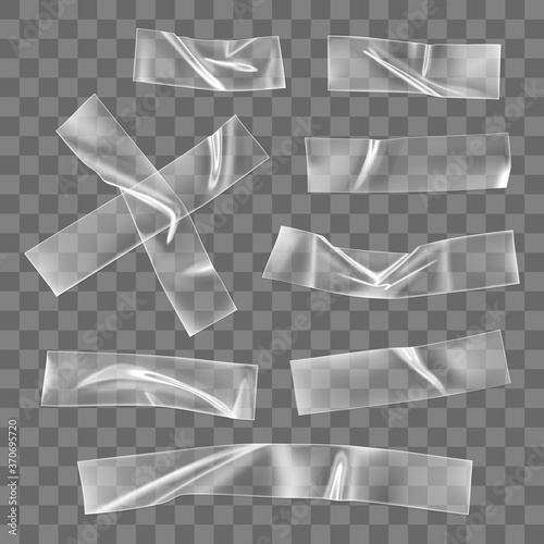 Transparent adhesive plastic tape pieces and cross for fixing isolated on transparent background. Crumpled glue plastic sticky tape for photo and paper fixture. 3d realistic wrinkled strips vector