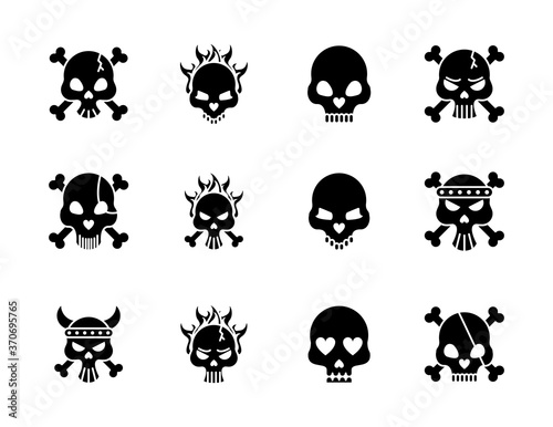 twelve death skulls heads set collection icons