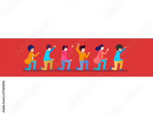 Red and white flag Belarus and crowd of protestors on strike against presidential election results. Group of people in masks together at rally, holding fist up and kneeling. Vector flat illustration