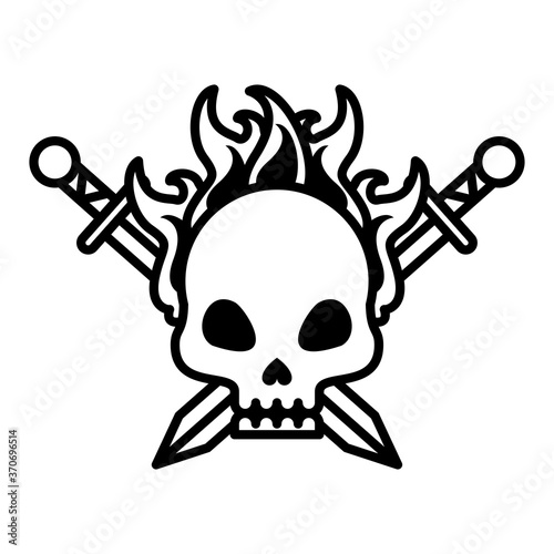 death skull head with swords crossed on fire line style icon