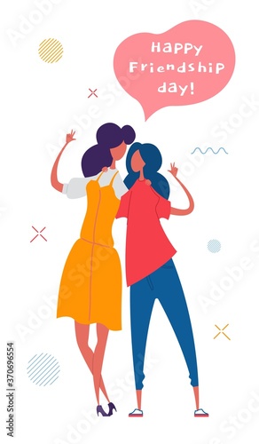 Friendship Day. Two woman hugging. Vector illustration of couple cheerful friends for greeting card or poster.
