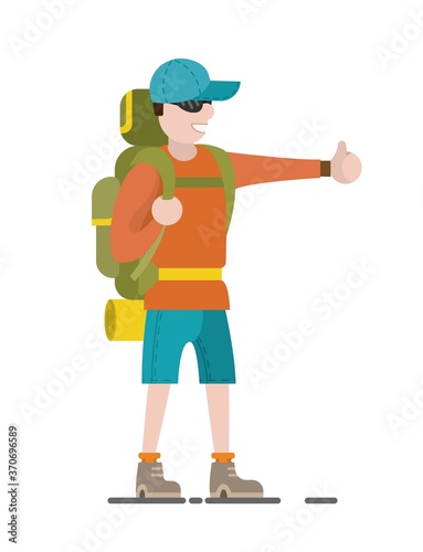 Hitchhiking on the road. Man with a backpack stopped a ride by thumbing. Isolated vector illustration of hitchhiker.