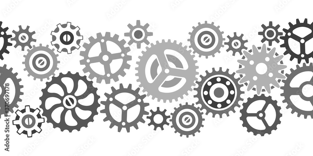 Vector icon set. Seamless banner. Silhouette image of seample mechanisms, wheels and gears isolated on a white background Vector icon set. Seamless banner. Silhouette image of seample mechanisms, wheels and gears isolated on a white background