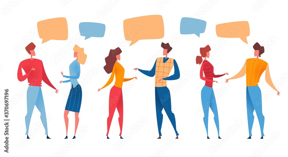 Fototapeta premium Group of cartoon people talking with colorful speech bubbles. Vector illustration.