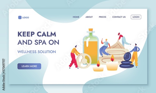 Spa Therapy Landing Page. Tiny Male and Female Characters among SPA Accessories. Stones Towel Candles Bottle Oil Washcloth Web Page Banner. Cartoon Flat Character Vector Illustration