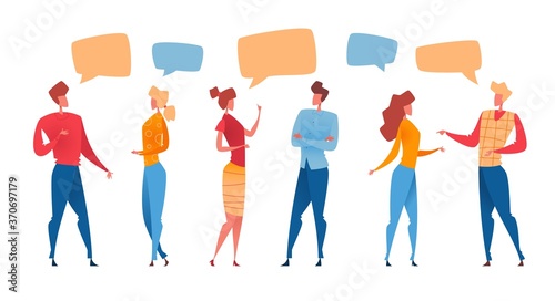 Group of cartoon flat people talking with colorful speech bubbles. Vector illustration.