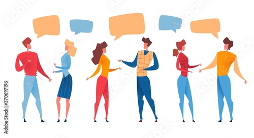 Group of cartoon people talking with colorful speech bubbles. Vector illustration.