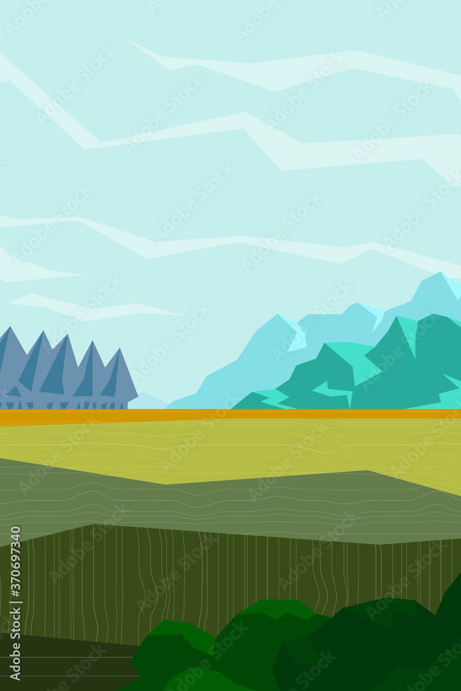 Abstract landscape. Vector banner with polygonal landscape illustration. Minimalist style. Green field. High mountains. Forest. Clouds in the sky. Natural background. Flat design. 