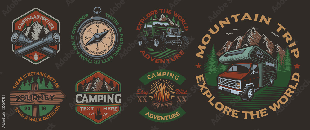 Set of color vintage badges for the camping theme on the dark background. Perfect for posters, apparel, T-shirt design and many other. Layered - obrazy, fototapety, plakaty 