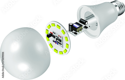 Realistic disassembled LED lamp, isolated on white background. Vector illustration. Eps 10.