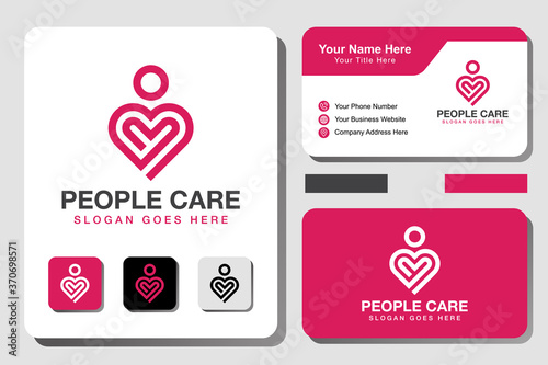 modern line people care logo. heart line art logo with business card design vector template