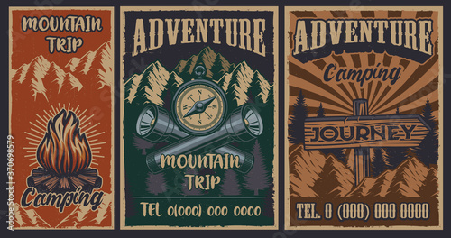 Set of color vintage posters on the theme of camping. Vector
