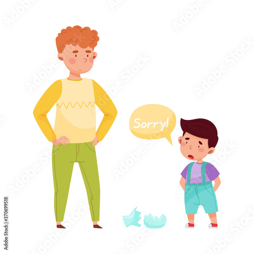 Little Boy Apologizing for Broken Vase Vector Illustration