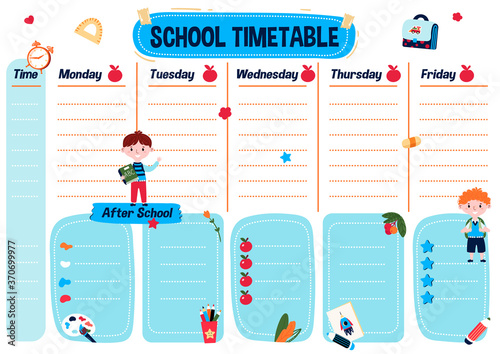 Printable planning list for kids. School timetable for student. Weekly schedule for lessons and program after school. Education Planner. Organizer for college with cute chart.