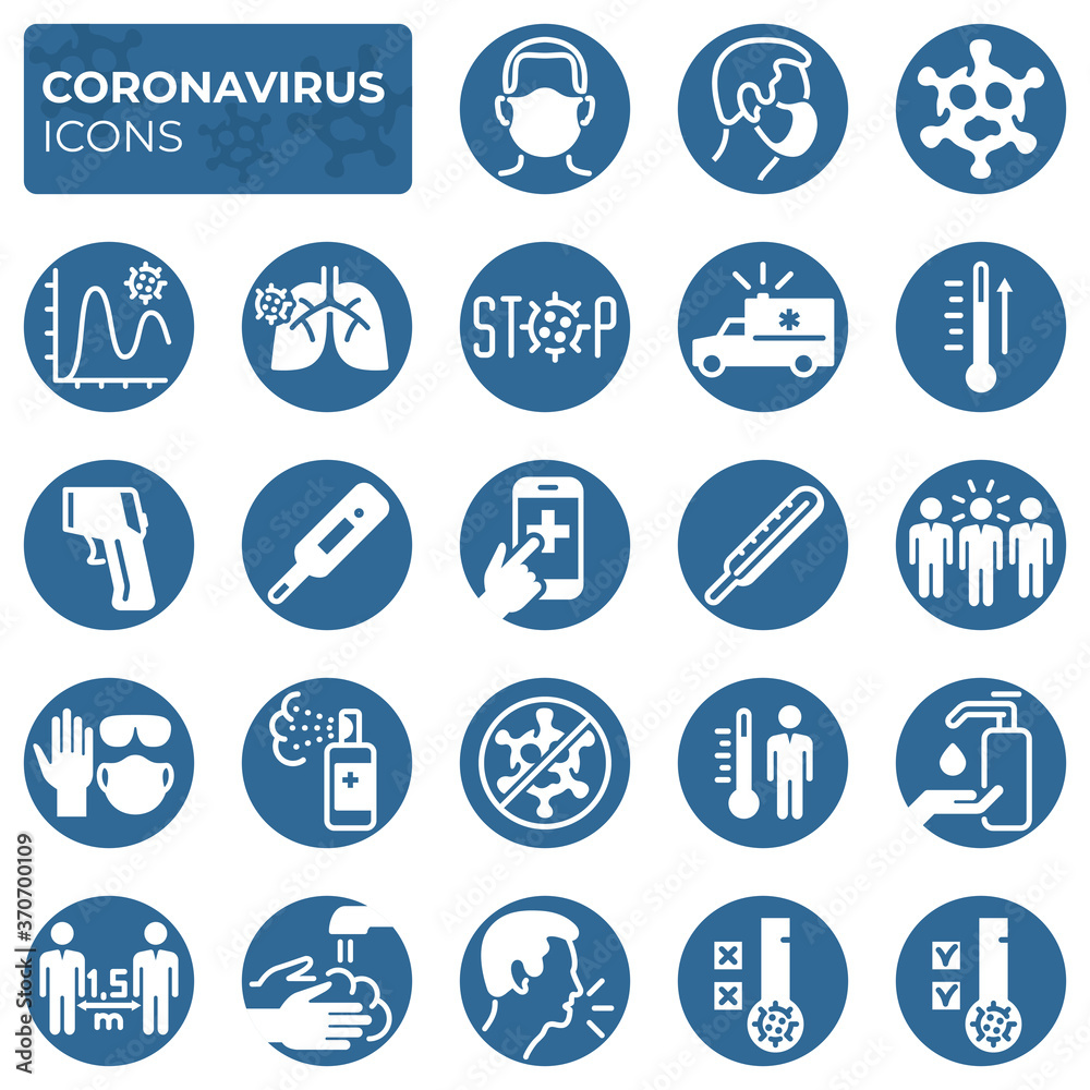 Filled coronavirus icons set. COVID-19 prevention and protection block linear sign collection. Second wave of coronavirus epidemics. Vector symbols, icons mask, social distance, stop virus