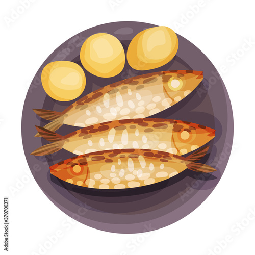 Grilled Sardines with Potatoes as Portuguese Dish View from Above Vector Illustration