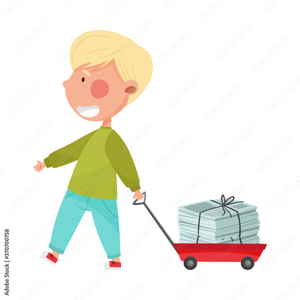 Boy Character Carrying Pile of Paper as Sorted Garbage for Recycling Vector Illustration Boy Character Carrying Pile of Paper as Sorted Garbage for Recycling Vector Illustration