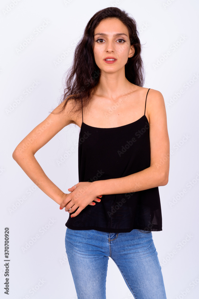 Portrait of young beautiful woman against white background Portrait of young beautiful woman against white background