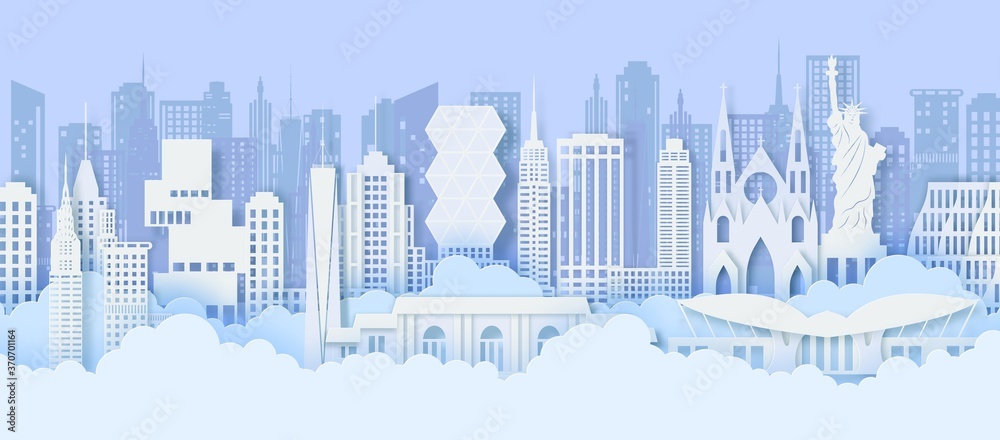 New York City panorama in paper cut style. Cut out silhouette skyscraper, Statue of Liberty in USA, business center from cardboard and clouds. Vector 3d famous landmarks of America