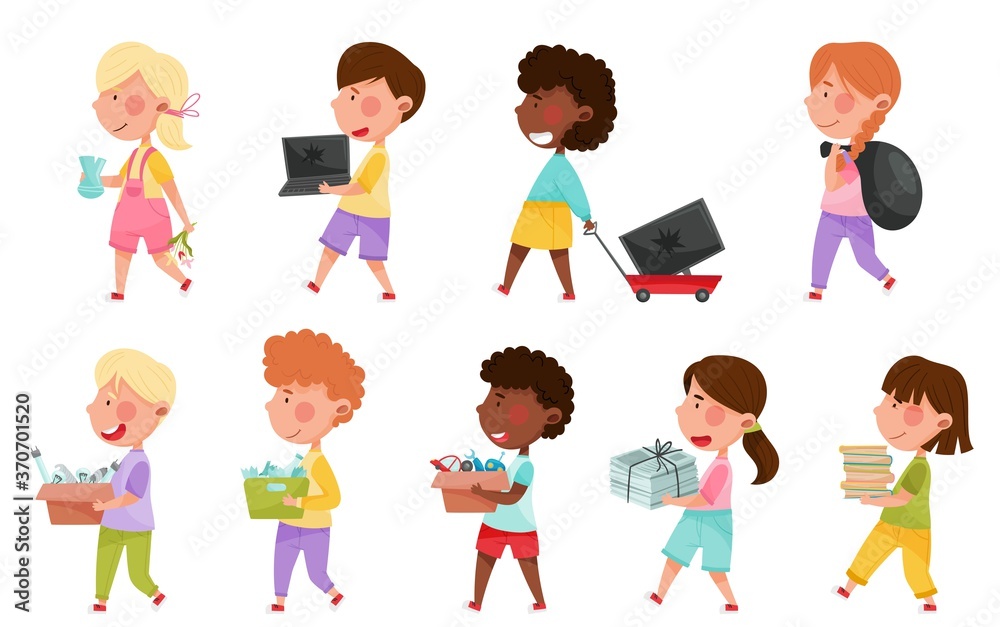 Boy and Girl Characters Carrying Sorted Garbage for Recycling Vector Illustration Set Boy and Girl Characters Carrying Sorted Garbage for Recycling Vector Illustration Set