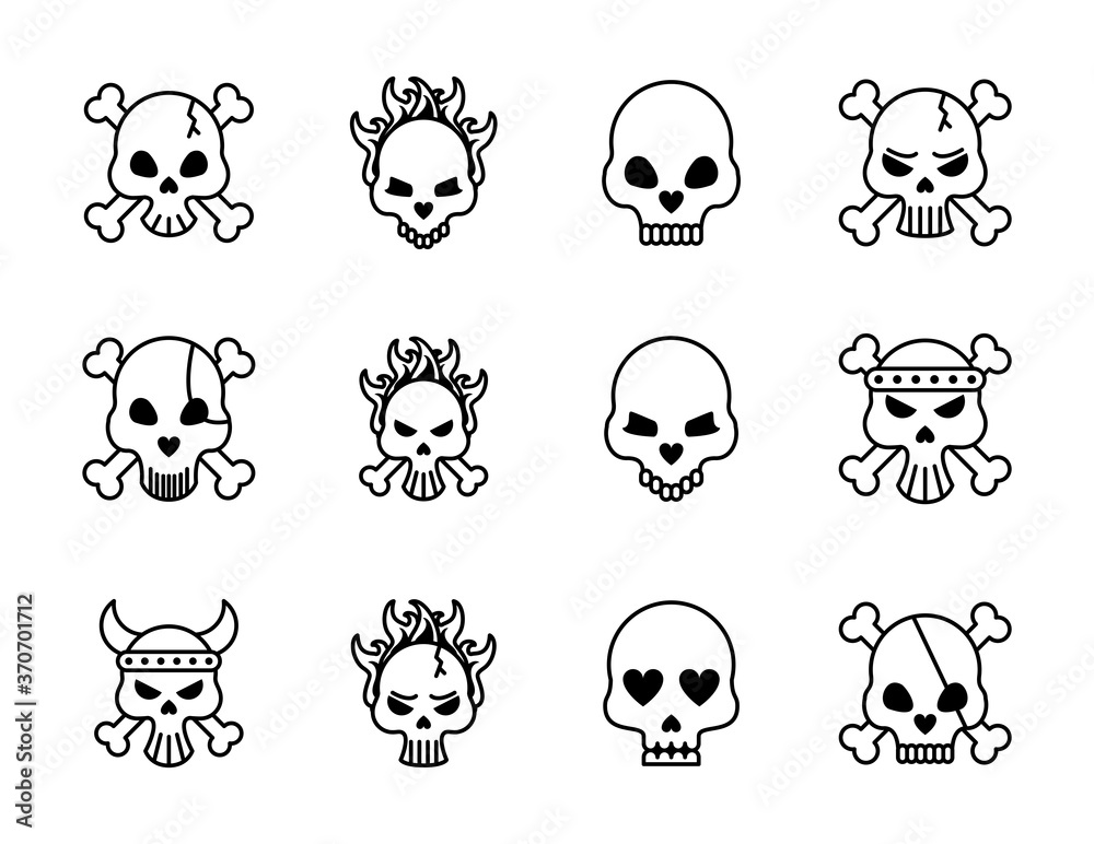 twelve death skulls heads set collection icons