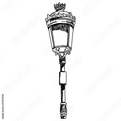 Sketch. Ink. Hand drawing. Vintage street lamp. Isolated object.