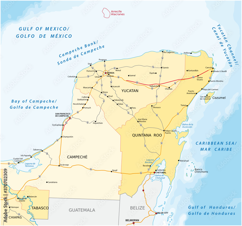 road and administrative vector map of the Yucatan Peninsula