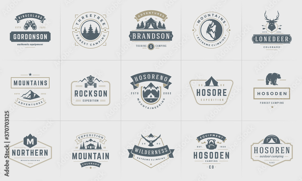 Camping logos and badges templates vector design elements and silhouettes set