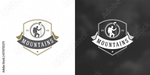 Climber logo emblem outdoor adventure expedition vector illustration mountaineer man silhouette
