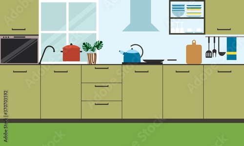 Modern kitchen interior vector illustration. Cartoon flat background design of kitchen furniture and appliances refrigerator or cupboard.