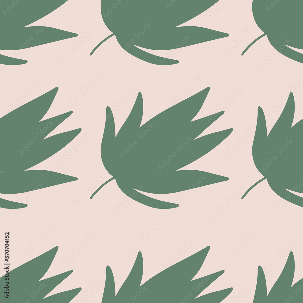 Simple seamless pattern with tropical leaves on pink background. Trendy pastel colors. Vector illustration.