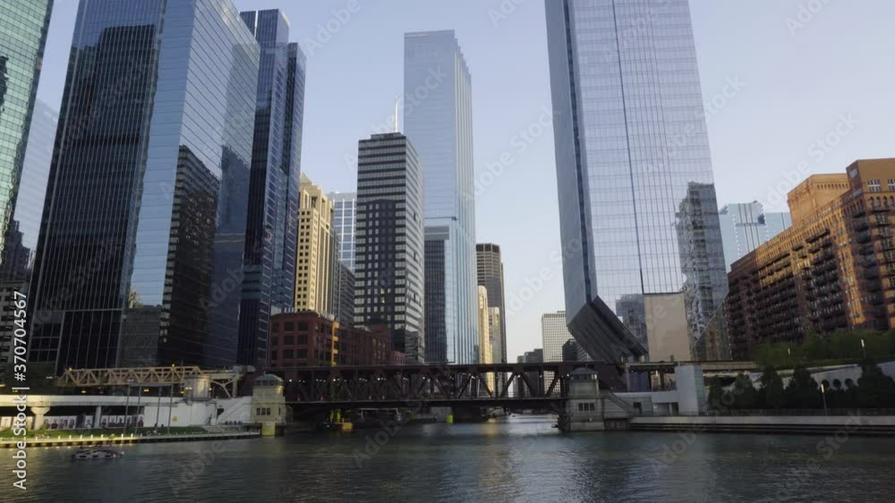 Time-lapse of Chicago River with Buildings, Boats, and Trains, Summer Day Time-lapse of Chicago River with Buildings, Boats, and Trains, Summer Day